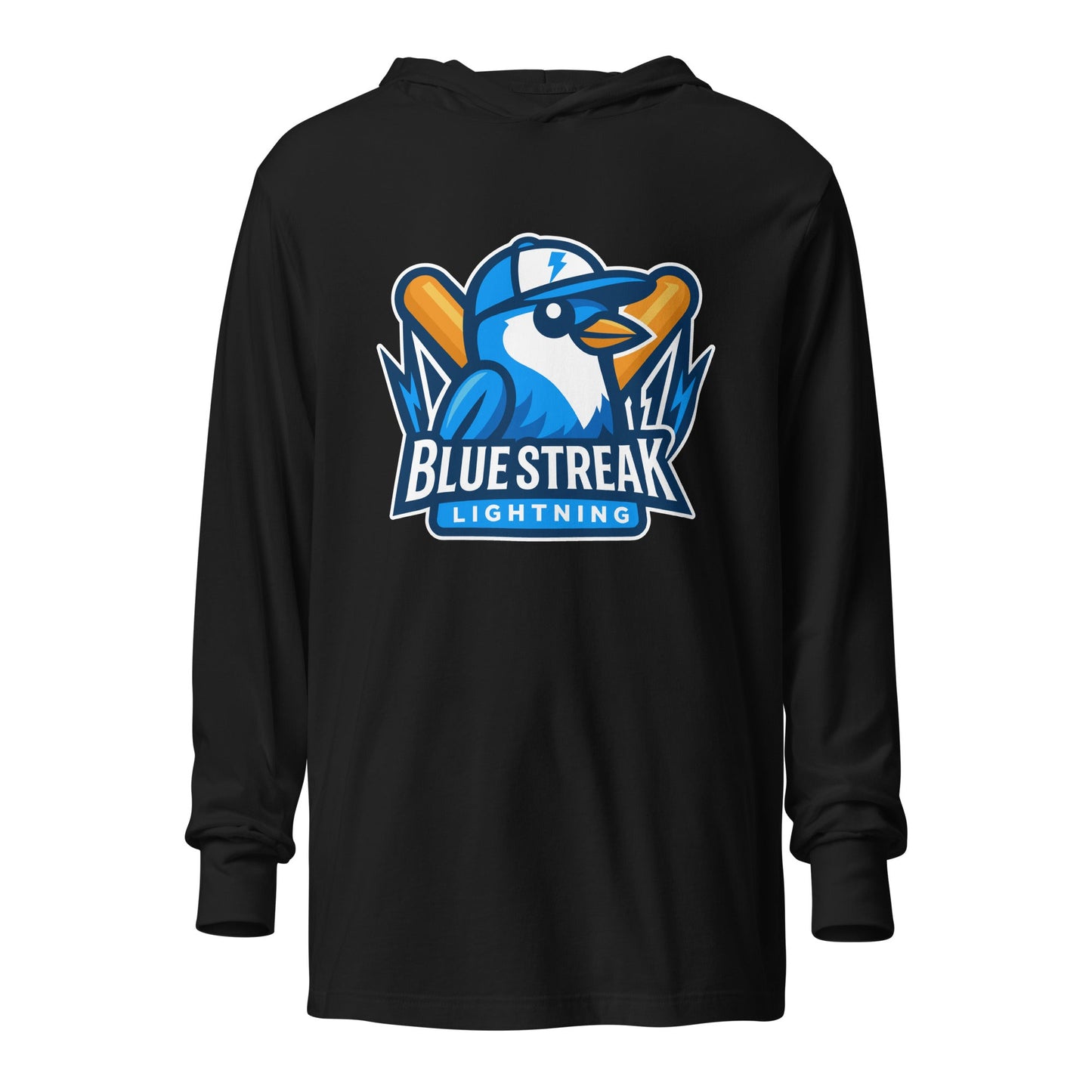 Performance | Hooded Long Sleeve T Shirt | Blue Streak Lightning | Mascot Logo