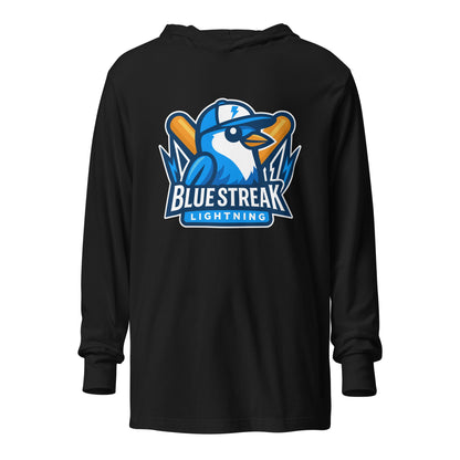 Performance | Hooded Long Sleeve T Shirt | Blue Streak Lightning | Mascot Logo