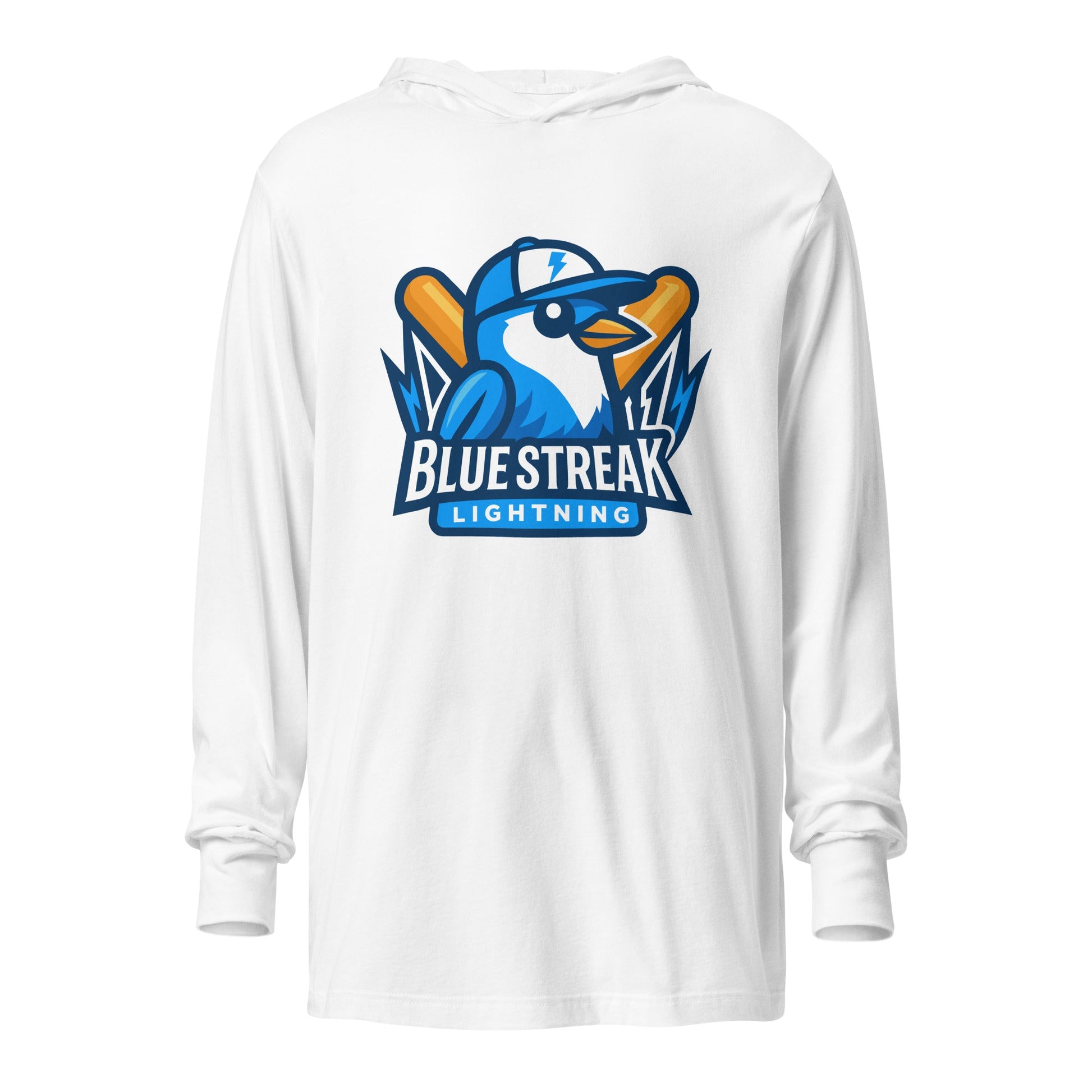 Performance | Hooded Long Sleeve T Shirt | Blue Streak Lightning | Mascot Logo