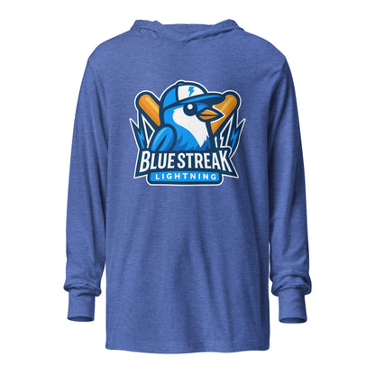 Performance | Hooded Long Sleeve T Shirt | Blue Streak Lightning | Mascot Logo
