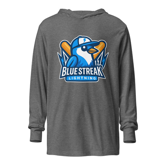 Performance | Hooded Long Sleeve T Shirt | Blue Streak Lightning | Mascot Logo