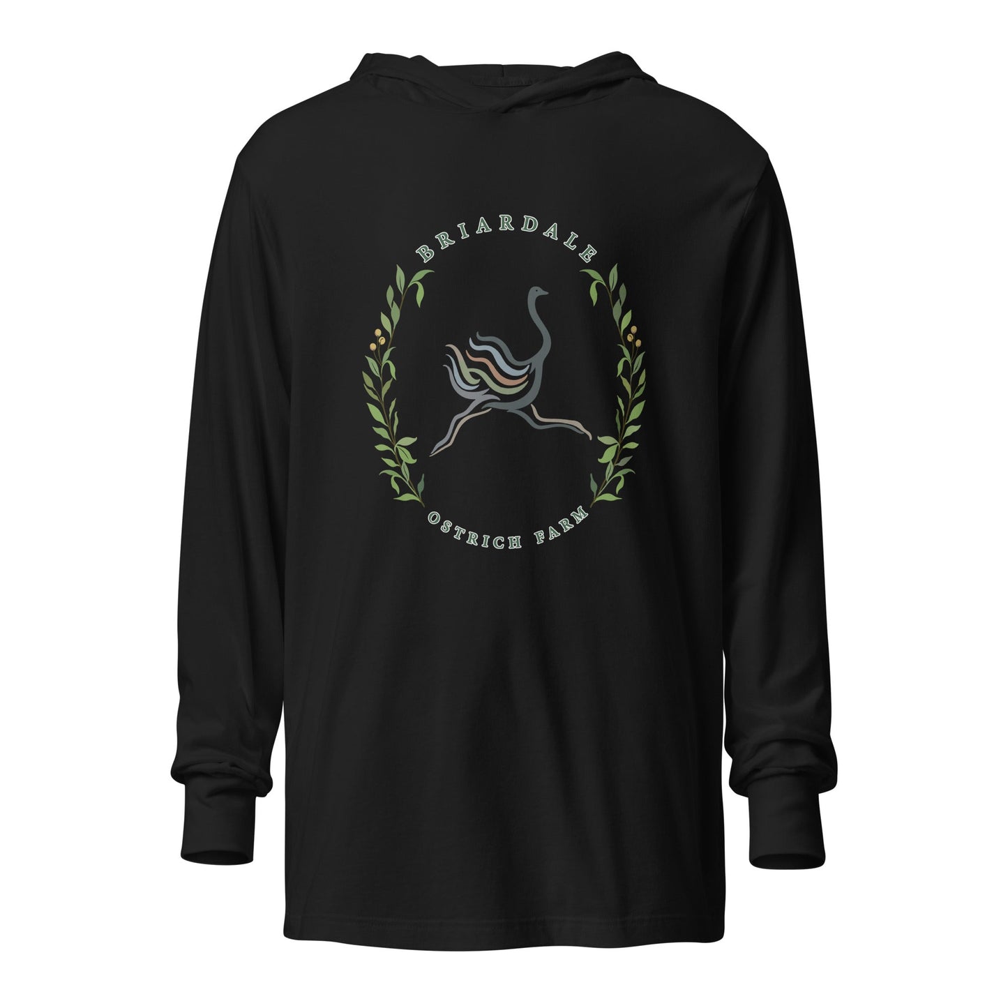 Performance | Hooded Long Sleeve T Shirt | Briardale Ostrich Farm | Crest Logo