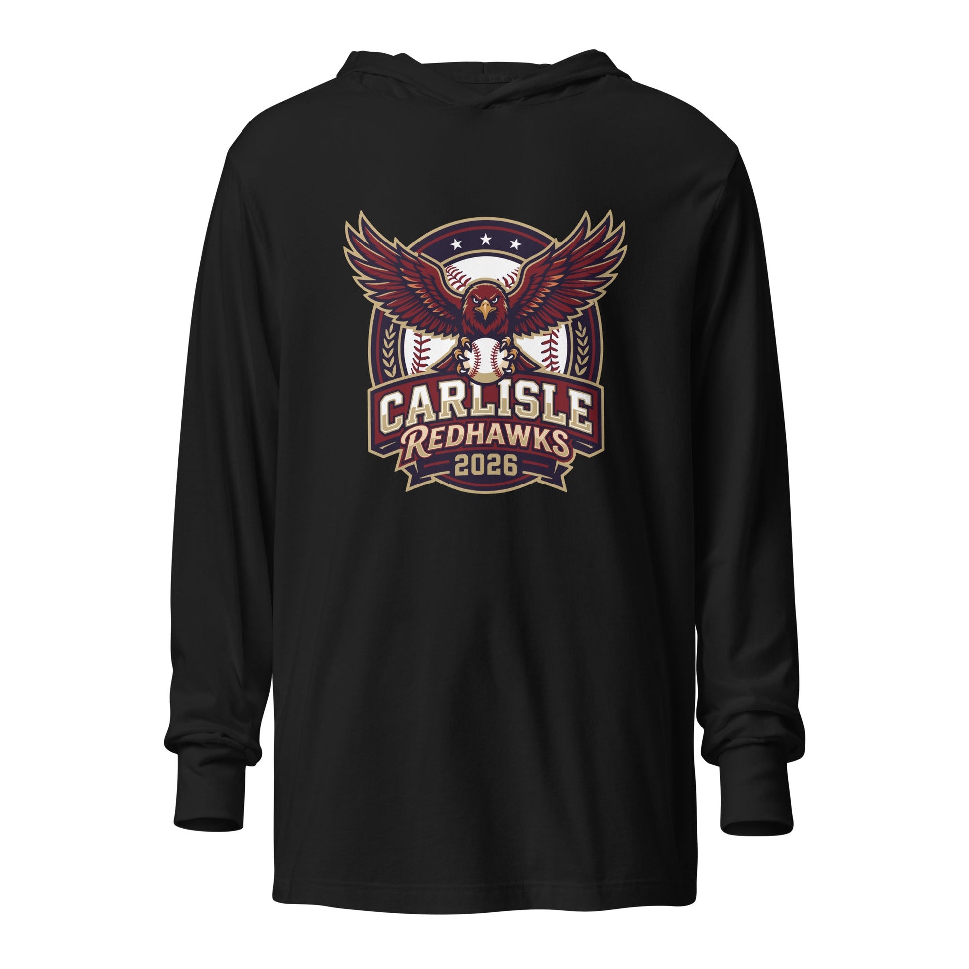 Performance | Hooded Long Sleeve T Shirt | Carlisle Redhawks | Emblem Logo