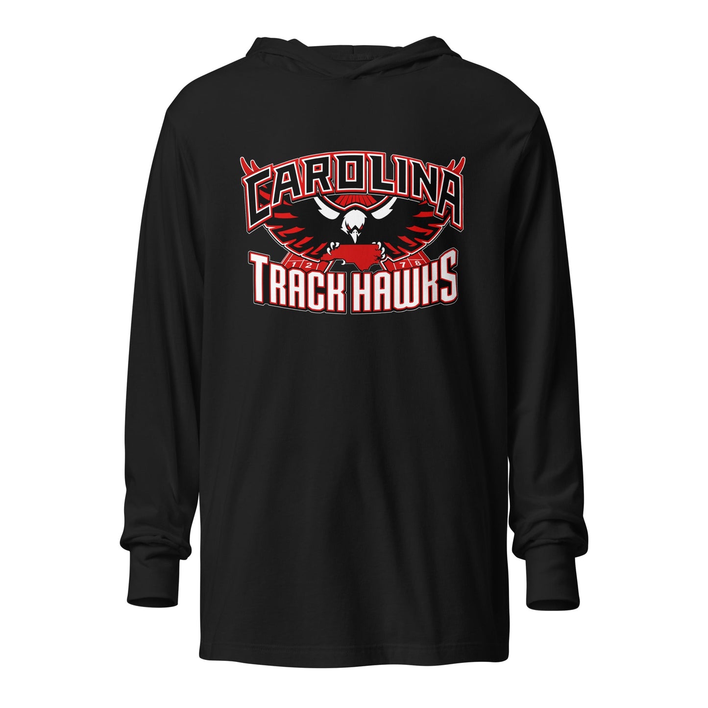 Performance | Hooded Long Sleeve T Shirt | Carolina track Hawks | Emblem Logo