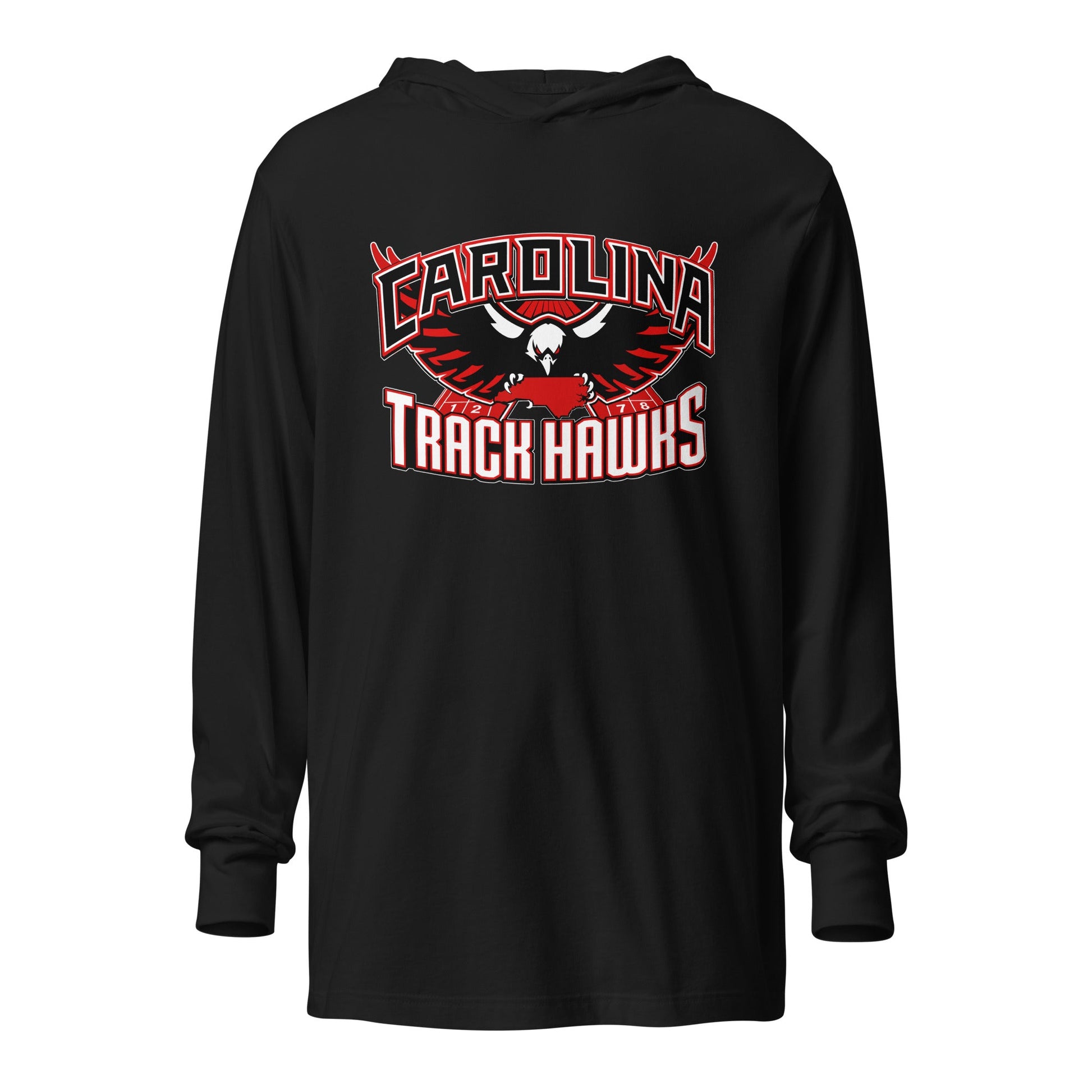 Performance | Hooded Long Sleeve T Shirt | Carolina track Hawks | Emblem Logo