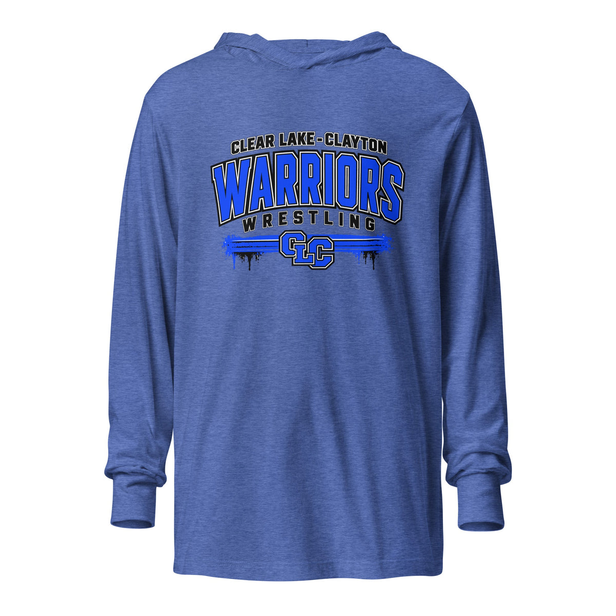 Performance | Hooded Long Sleeve T Shirt | Clear Lake - Clayton Wrestling | Warrior Crest Logo