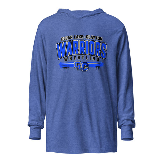 Performance | Hooded Long Sleeve T Shirt | Clear Lake - Clayton Wrestling | Warrior Crest Logo