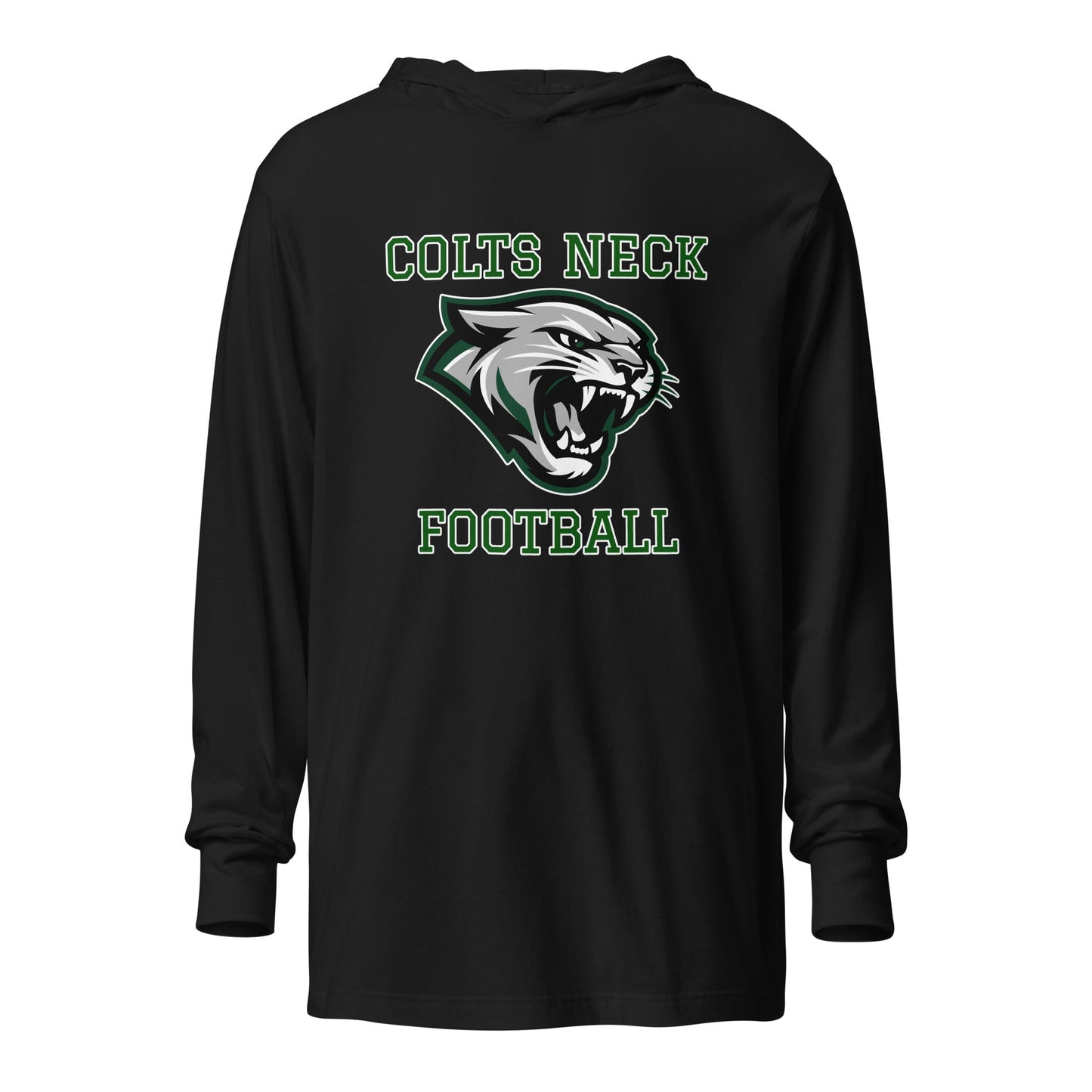 Performance | Hooded Long Sleeve T Shirt | Colts Neck Cougars | Youth Tackle Football (AYF) | Green Predator Logo