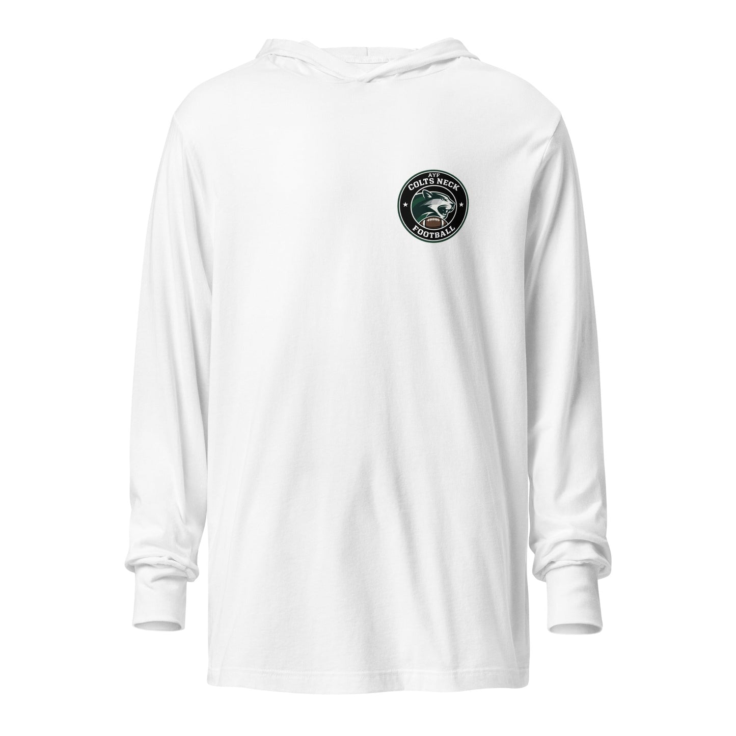Performance | Hooded Long Sleeve T Shirt | Colts Neck Cougars | Youth Tackle Football (AYF) | Varsity Badge Logo