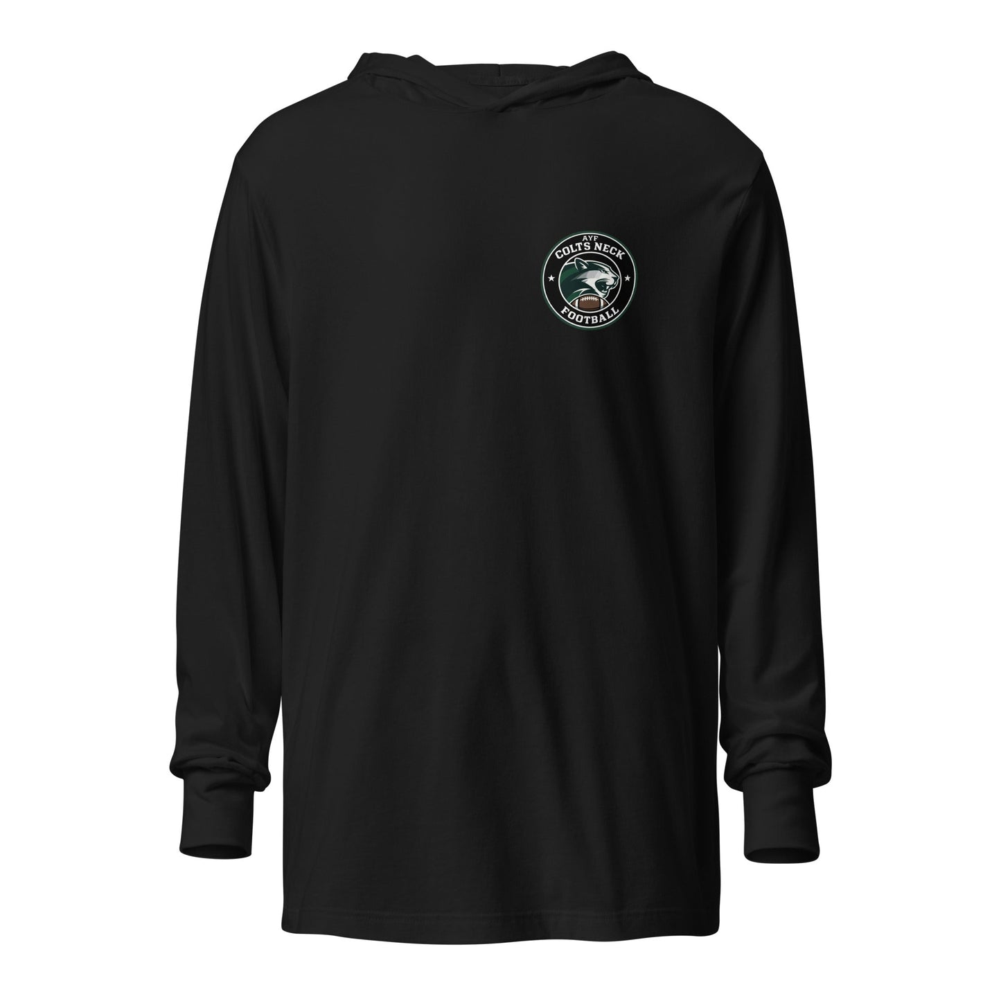 Performance | Hooded Long Sleeve T Shirt | Colts Neck Cougars | Youth Tackle Football (AYF) | Varsity Badge Logo