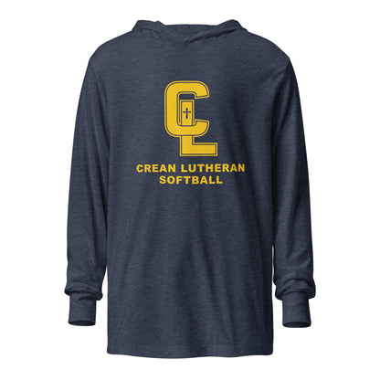 Performance | Hooded Long Sleeve T Shirt | Crean Lutheran Softball | Gold CL Softball Logo