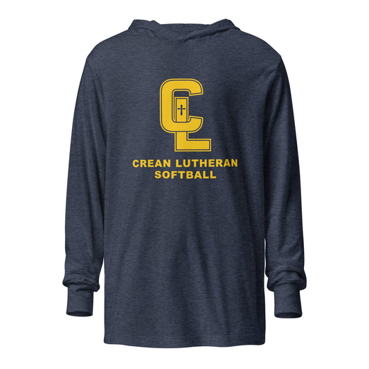Performance | Hooded Long Sleeve T Shirt | Crean Lutheran Softball | Gold CL Softball Logo