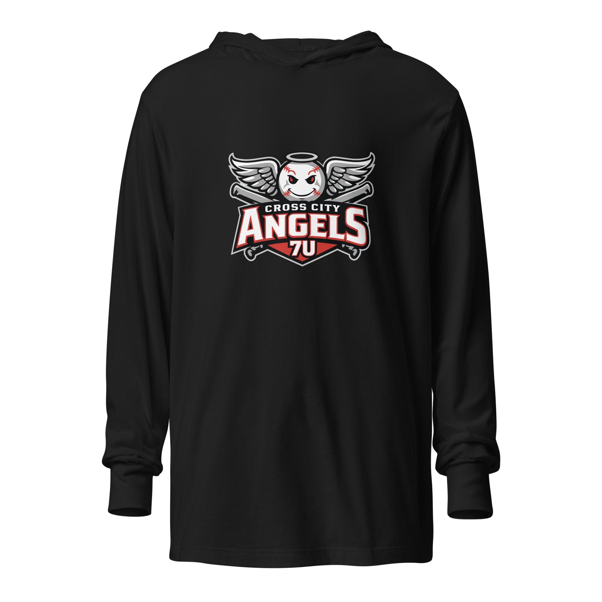 Performance | Hooded Long Sleeve T Shirt | Cross City Angels | Winged Guardian Logo