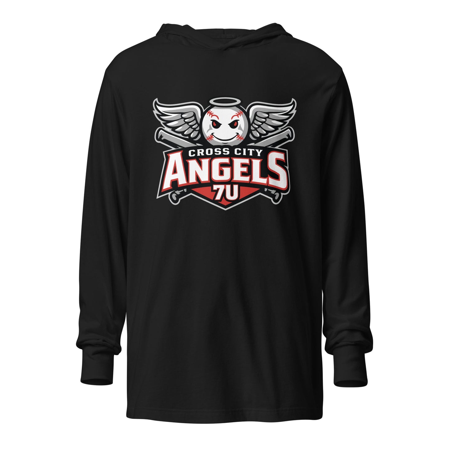 Performance | Hooded Long Sleeve T Shirt | Cross City Angels | Winged Guardian Logo