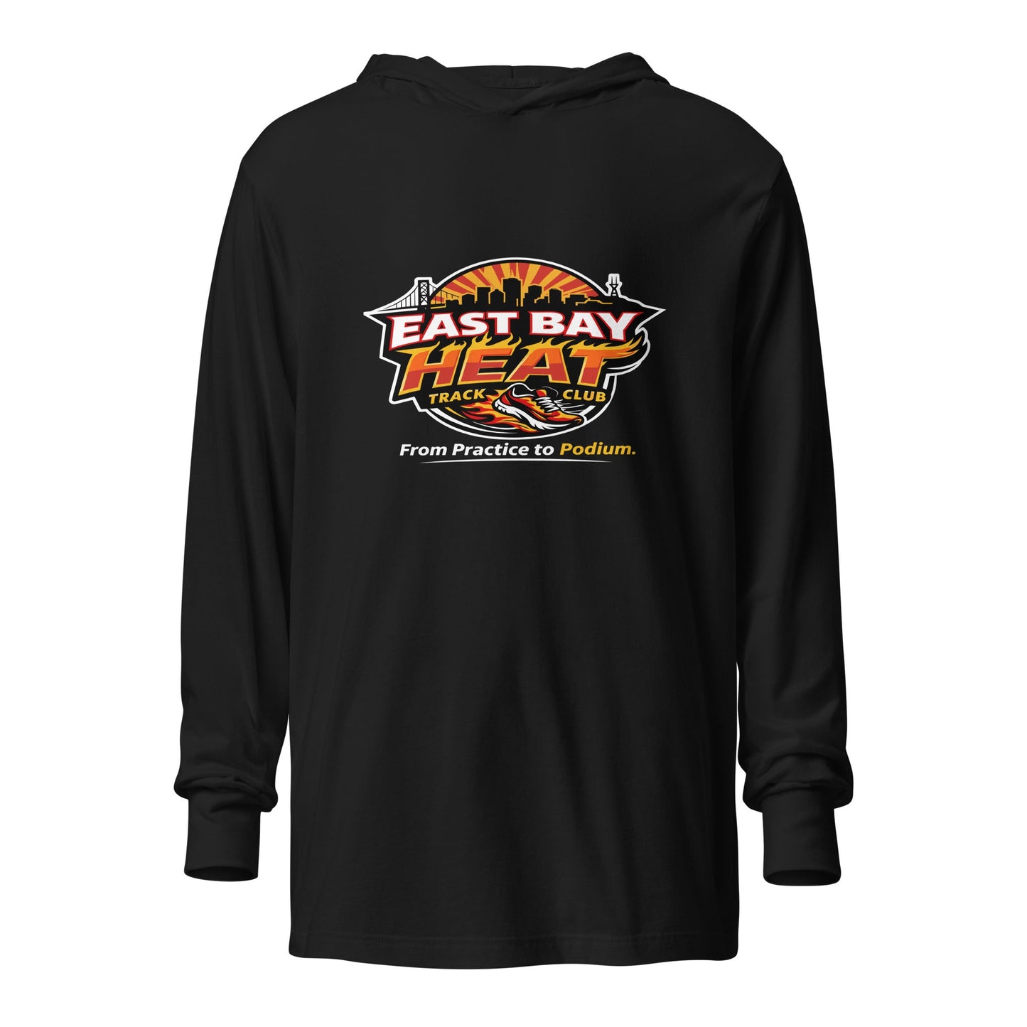 Performance | Hooded Long Sleeve T Shirt | East Bay Heat Track Club | Script Logo