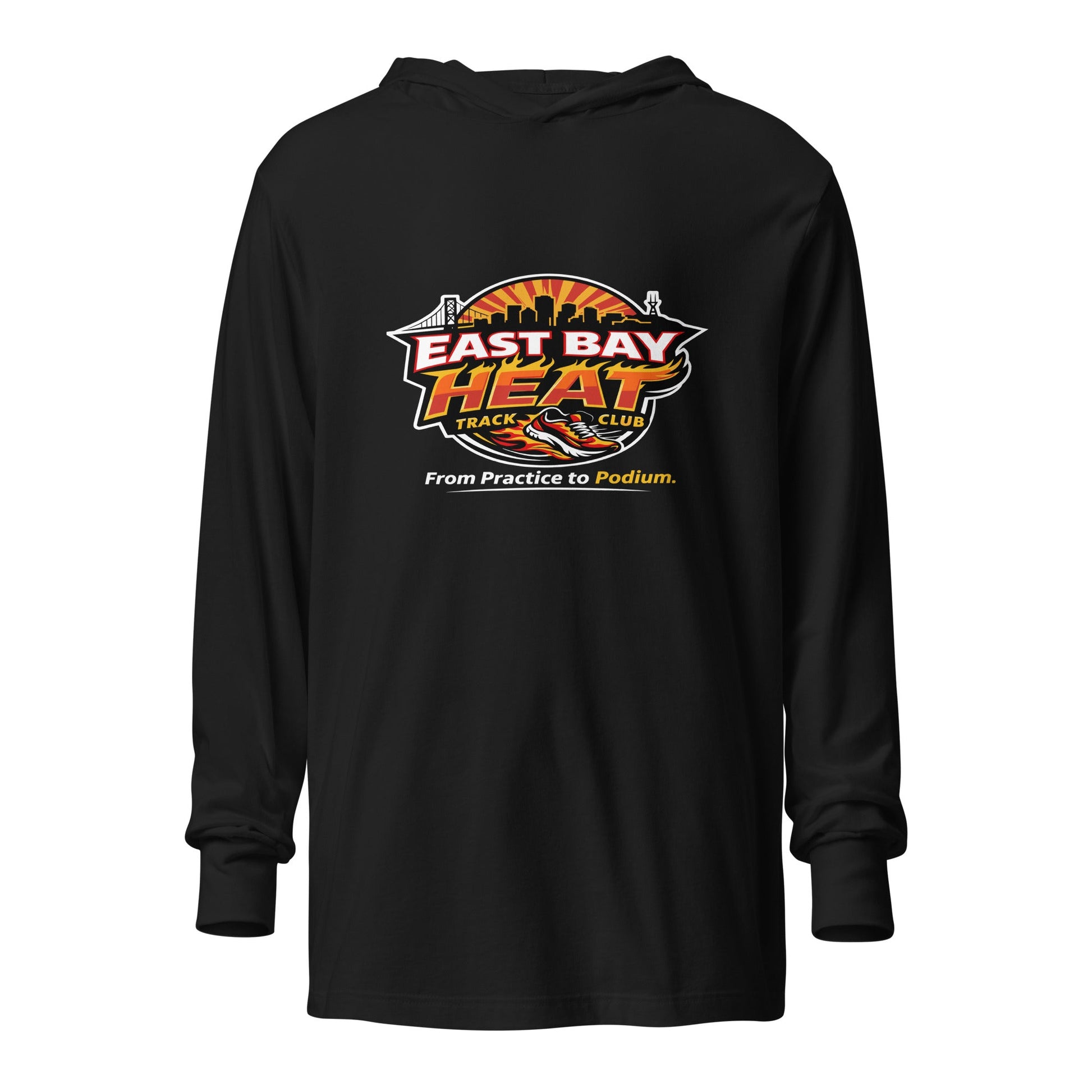 Performance | Hooded Long Sleeve T Shirt | East Bay Heat Track Club | Script Logo