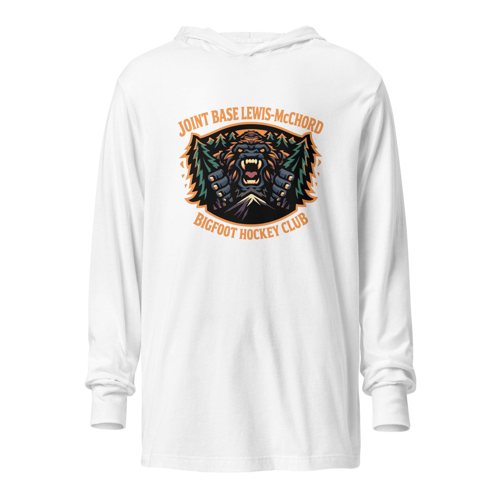 Performance | Hooded Long Sleeve T Shirt | JBLM Bigfoot Hockey Team | Mascot Logo