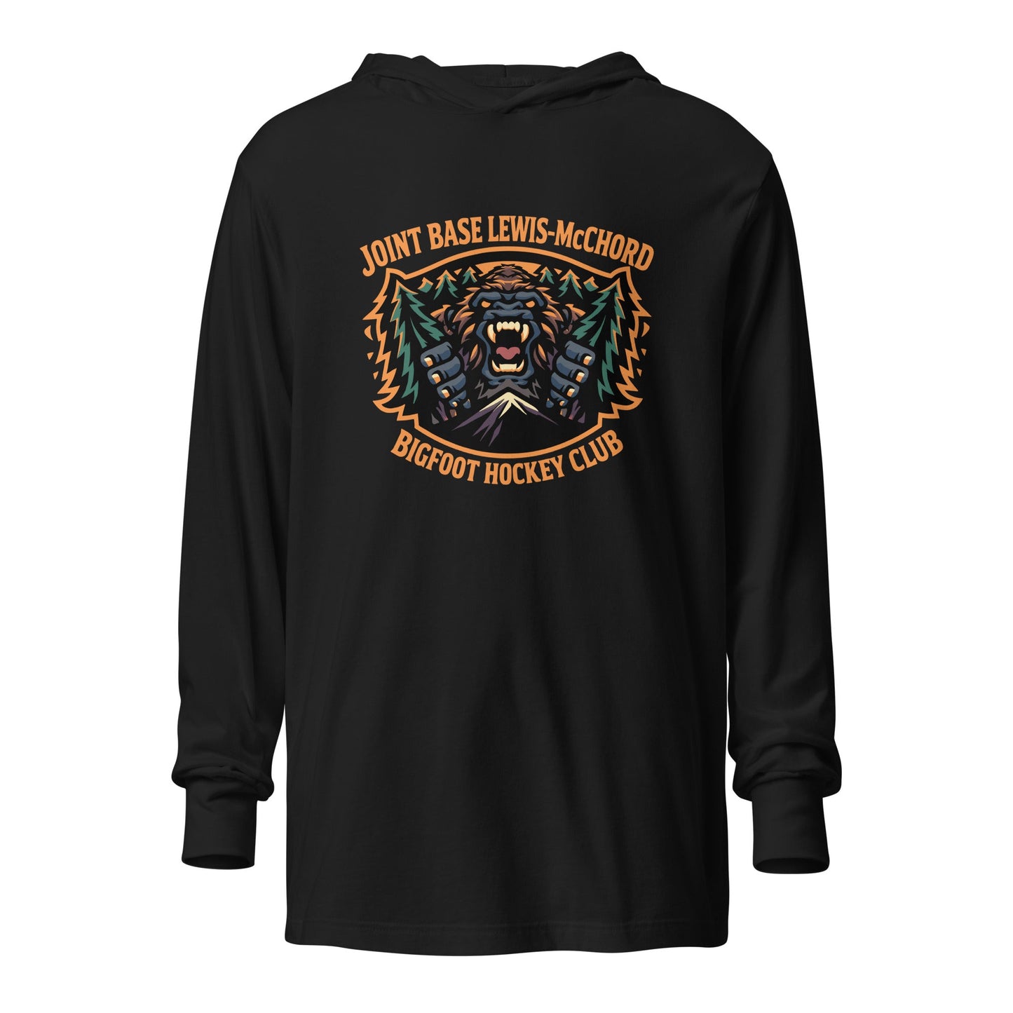 Performance | Hooded Long Sleeve T Shirt | JBLM Bigfoot Hockey Team | Mascot Logo