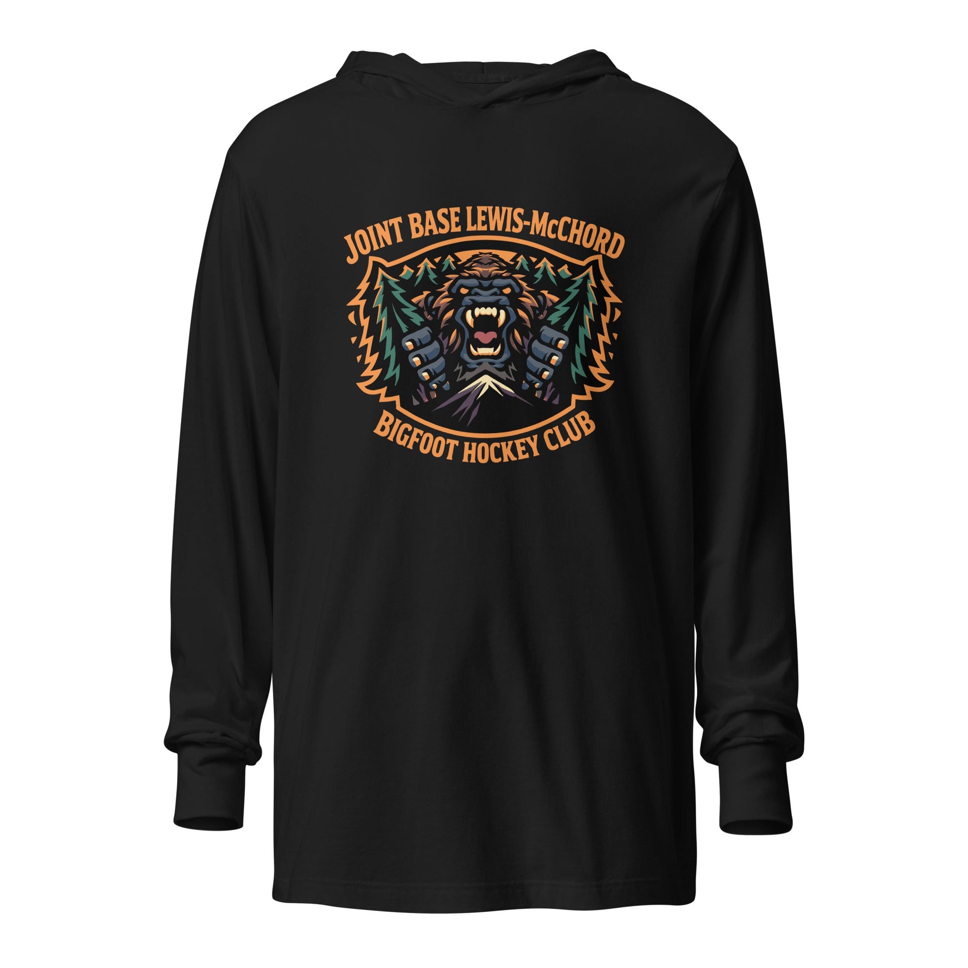 Performance | Hooded Long Sleeve T Shirt | JBLM Bigfoot Hockey Team | Mascot Logo