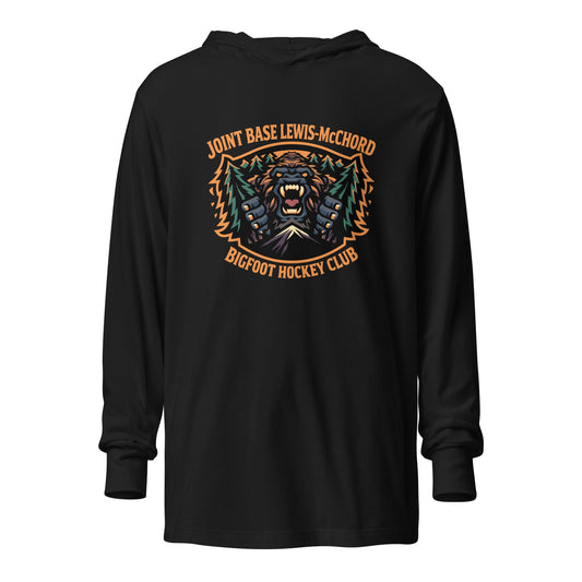 Performance | Hooded Long Sleeve T Shirt | JBLM Bigfoot Hockey Team | Mascot Logo