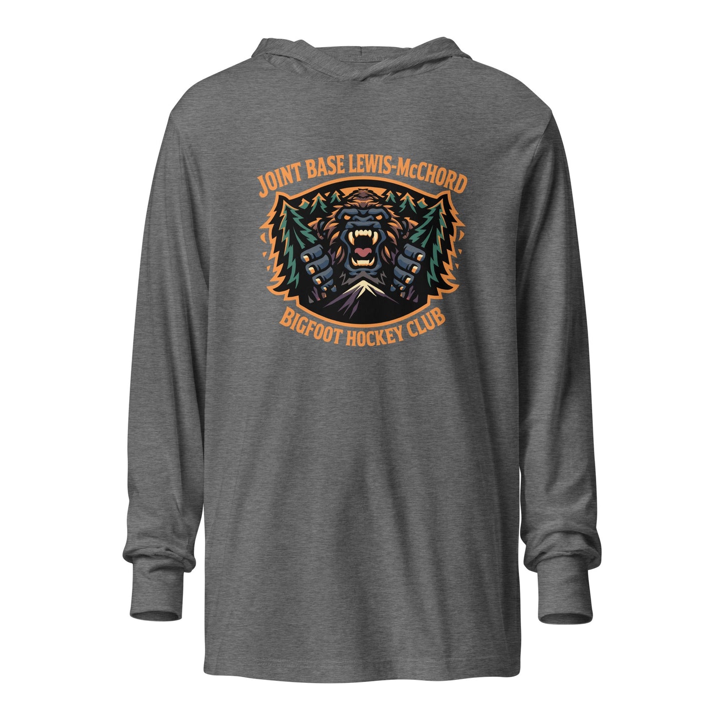 Performance | Hooded Long Sleeve T Shirt | JBLM Bigfoot Hockey Team | Mascot Logo