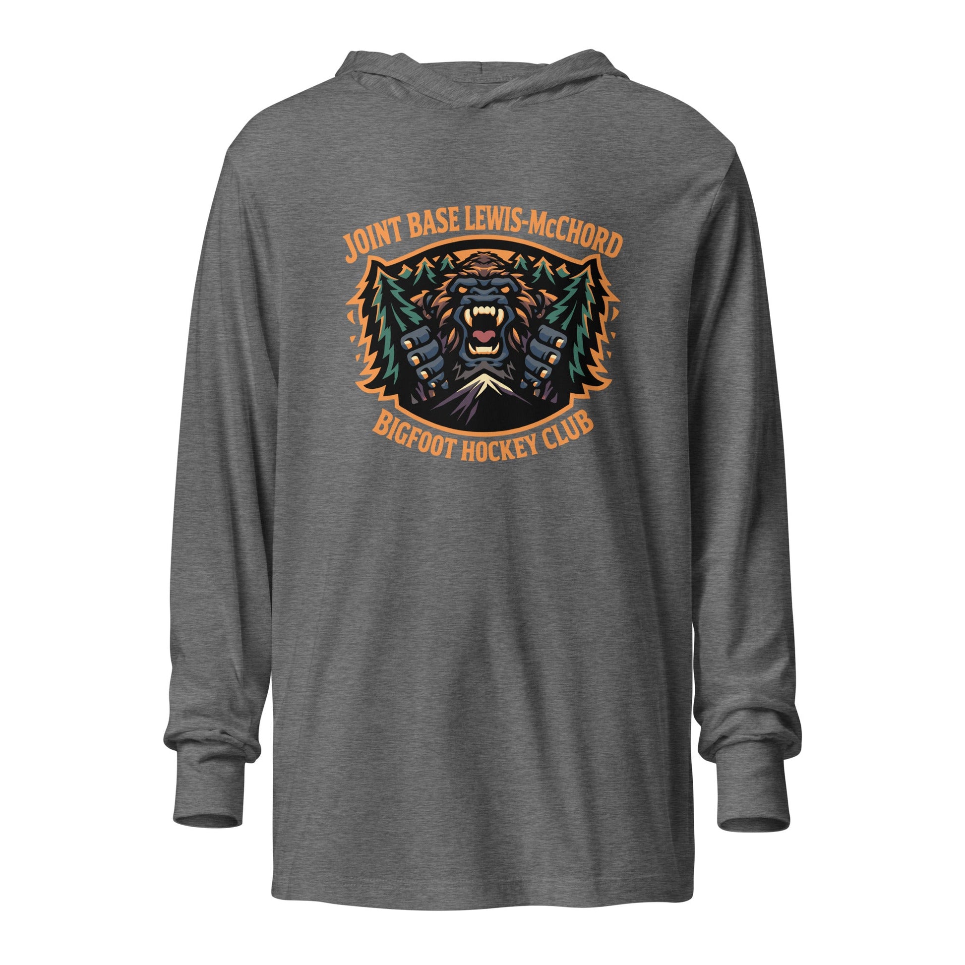 Performance | Hooded Long Sleeve T Shirt | JBLM Bigfoot Hockey Team | Mascot Logo