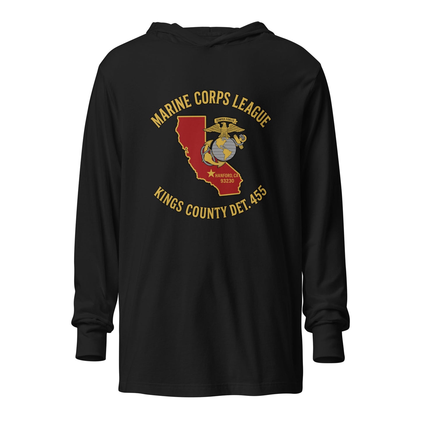 Performance | Hooded Long Sleeve T Shirt | Marine Corps League kings County Det 455 | Crest Logo