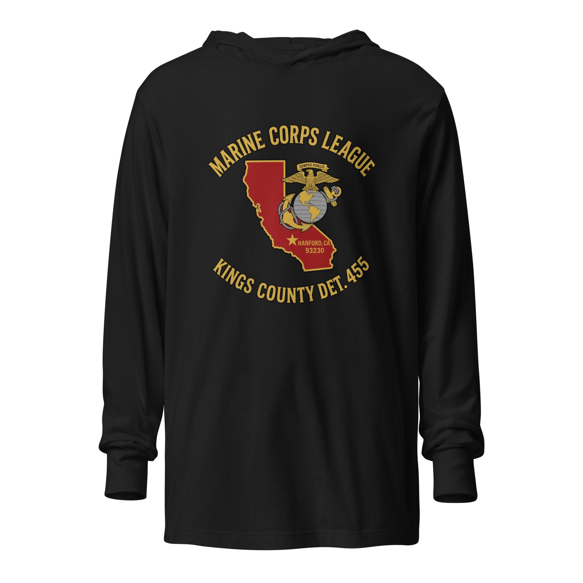Performance | Hooded Long Sleeve T Shirt | Marine Corps League kings County Det 455 | Crest Logo