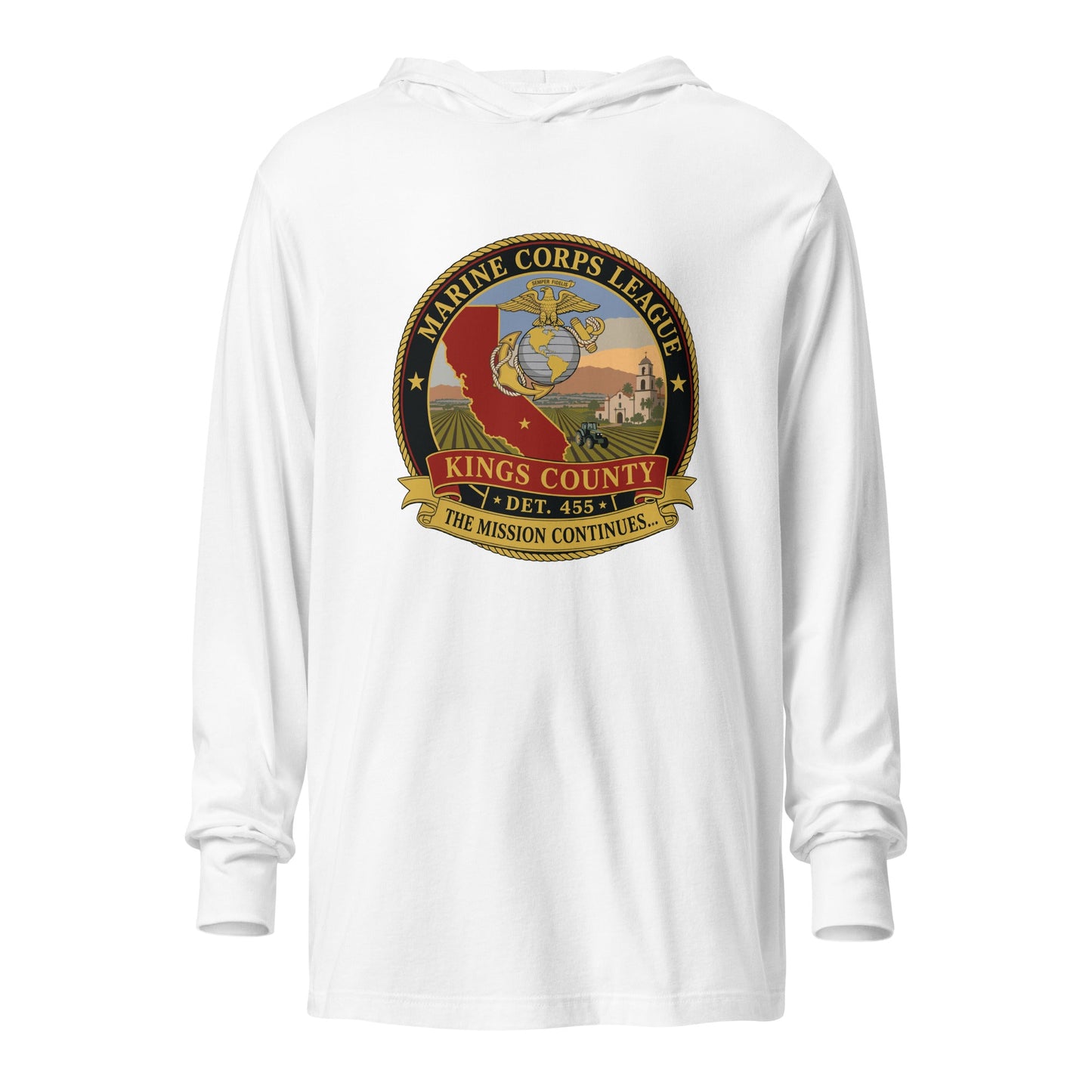 Performance | Hooded Long Sleeve T Shirt | Marine Corps League kings County Det 455 | Shield Logo