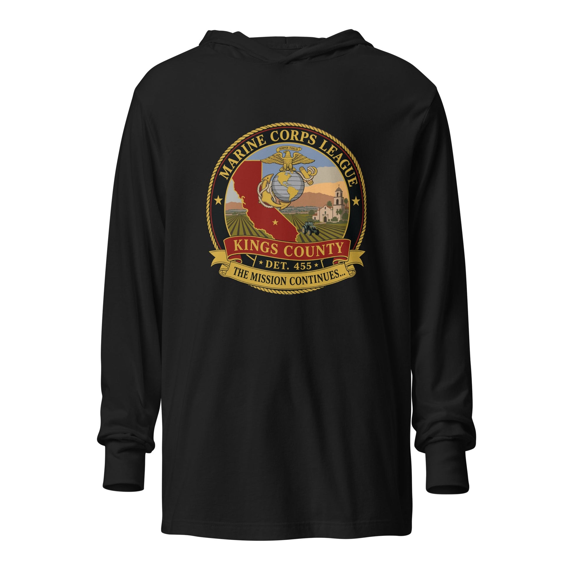 Performance | Hooded Long Sleeve T Shirt | Marine Corps League kings County Det 455 | Shield Logo