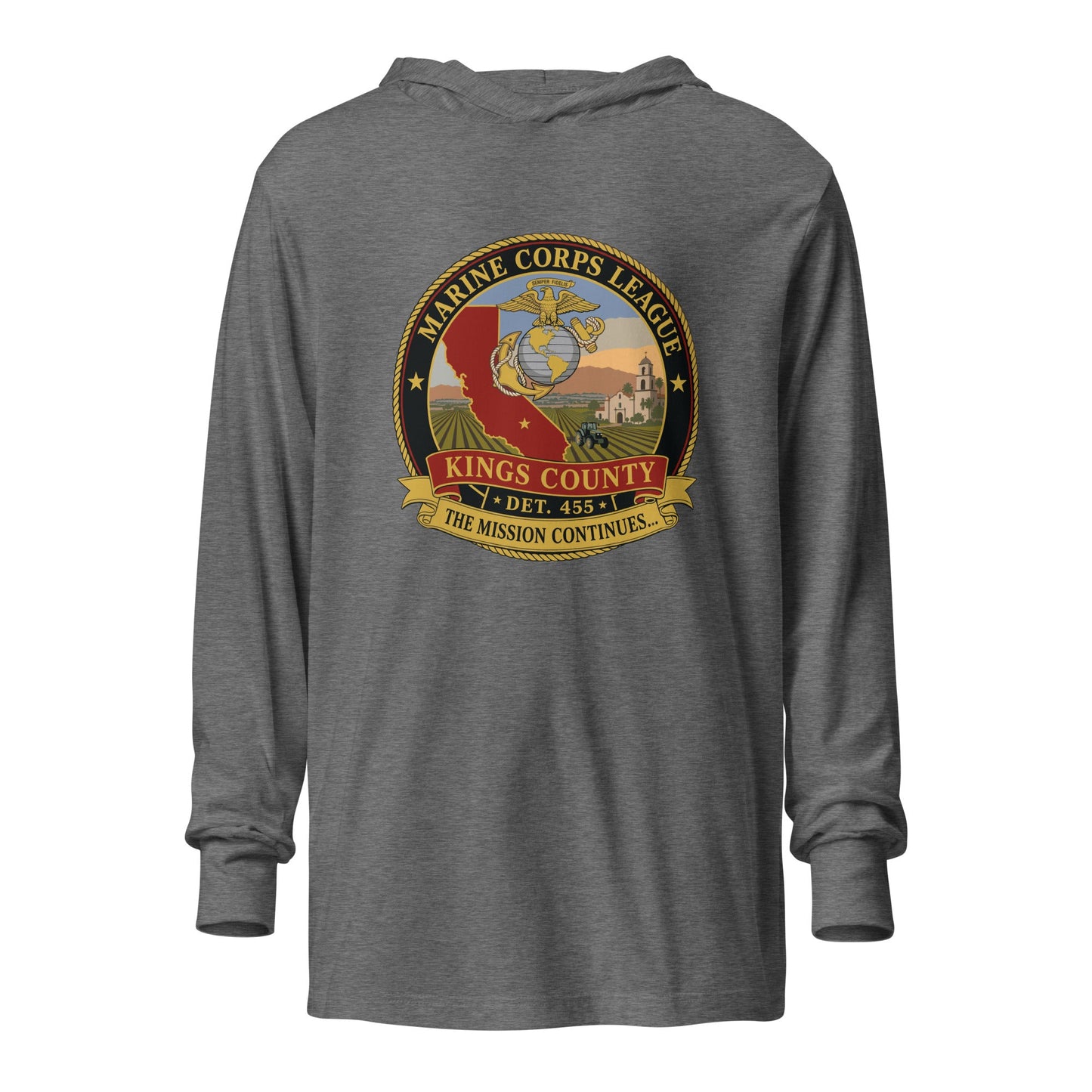 Performance | Hooded Long Sleeve T Shirt | Marine Corps League kings County Det 455 | Shield Logo