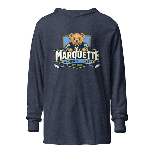 Performance | Hooded Long Sleeve T Shirt | Marquette University Women's Hockey | Bear Athletics Logo