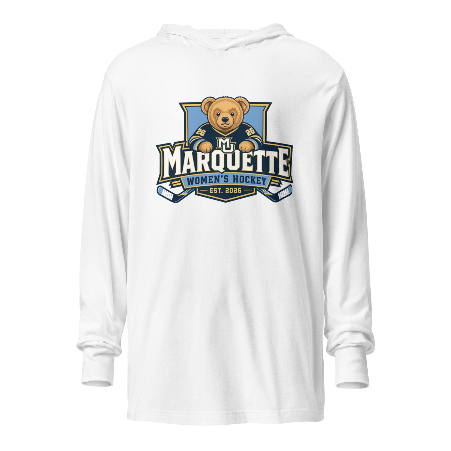 Performance | Hooded Long Sleeve T Shirt | Marquette University Women's Hockey | Bear Athletics Logo