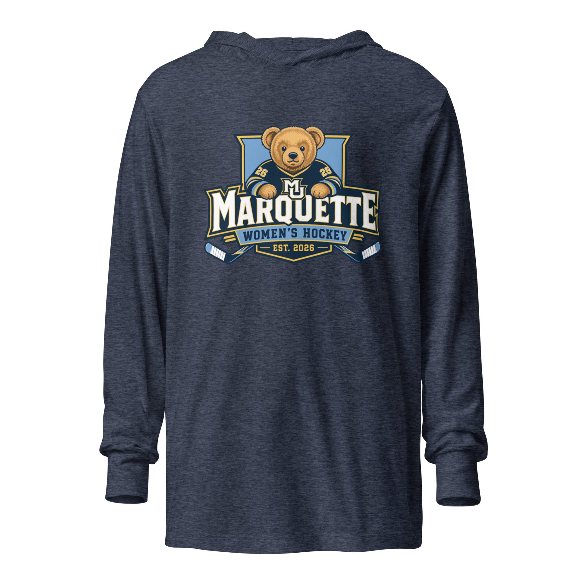 Performance | Hooded Long Sleeve T Shirt | Marquette University Women's Hockey | Bear Athletics Logo