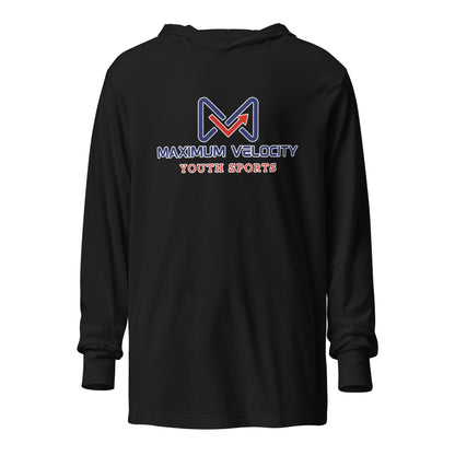 Performance | Hooded Long Sleeve T Shirt | Maximum Velocity Youth Sports | Emblem Logo