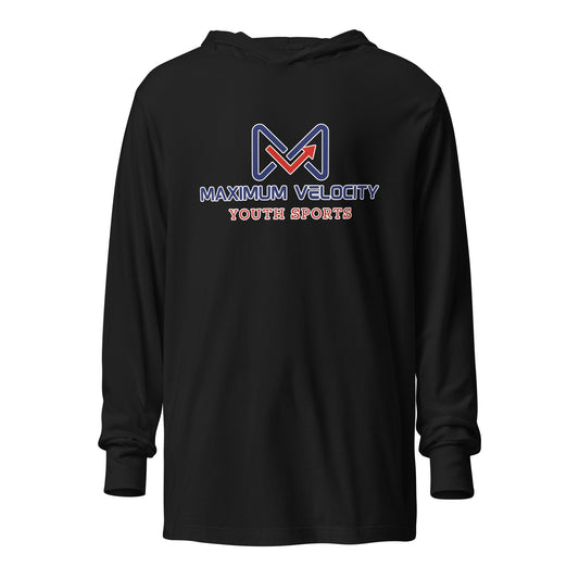 Performance | Hooded Long Sleeve T Shirt | Maximum Velocity Youth Sports | Emblem Logo