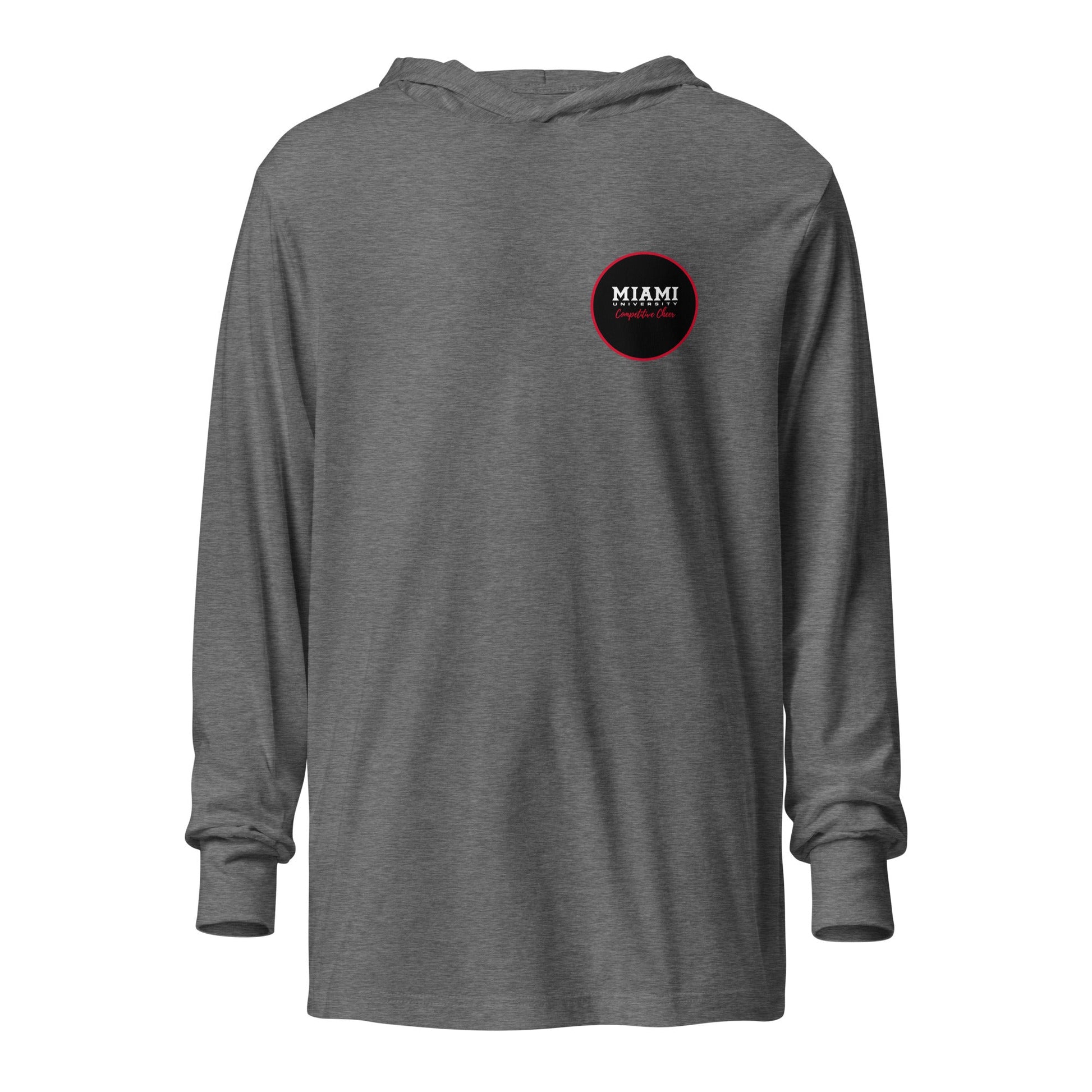 Performance | Hooded Long Sleeve T Shirt | Miami University Competitive Cheer Team | Badge Logo