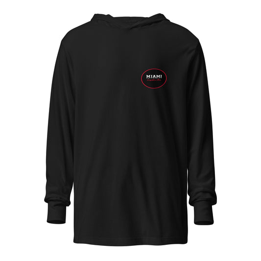 Performance | Hooded Long Sleeve T Shirt | Miami University Competitive Cheer Team | Badge Logo