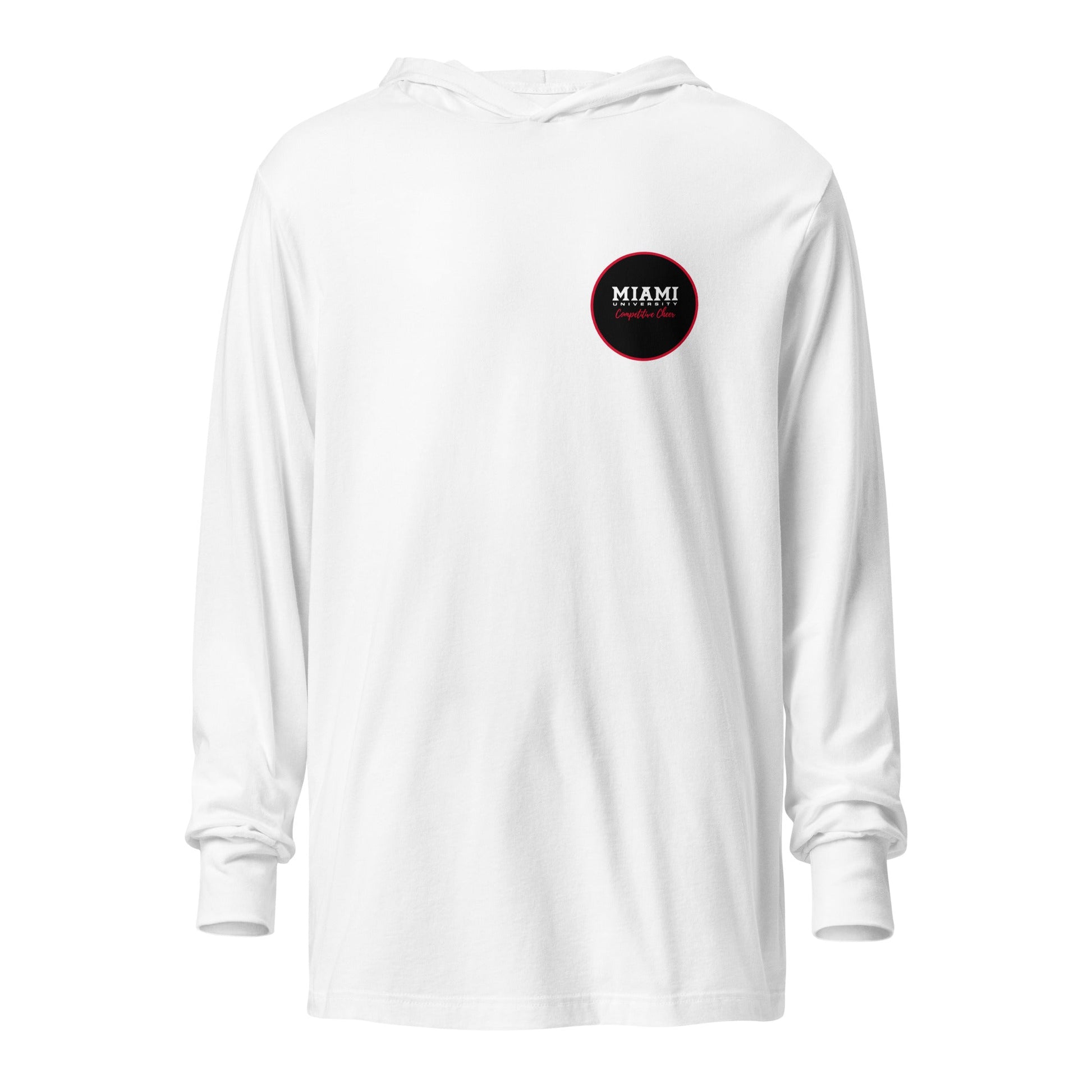 Performance | Hooded Long Sleeve T Shirt | Miami University Competitive Cheer Team | Badge Logo