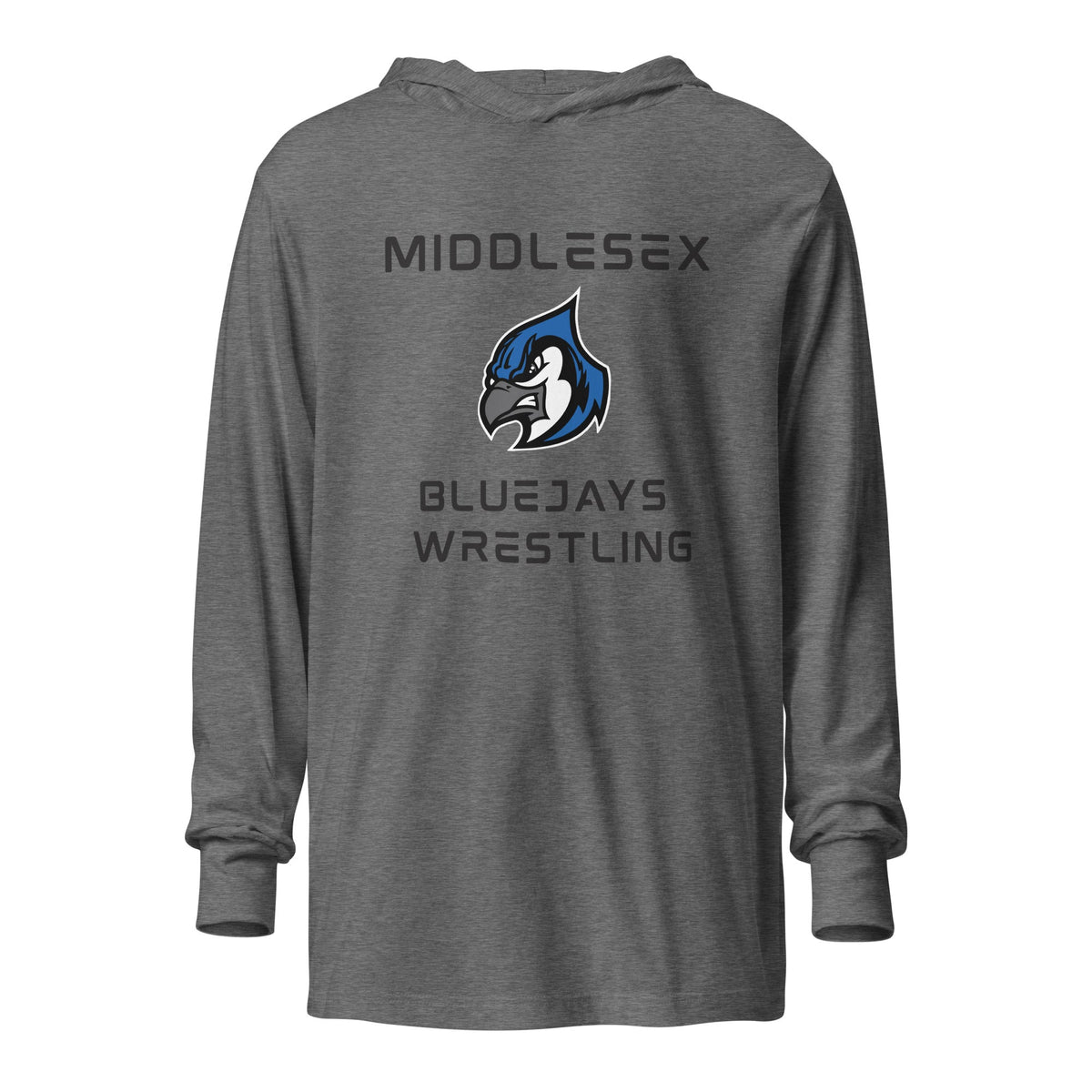 Performance | Hooded Long Sleeve T Shirt | Middlesex Bluejays Wrestling | Bluejays Logo