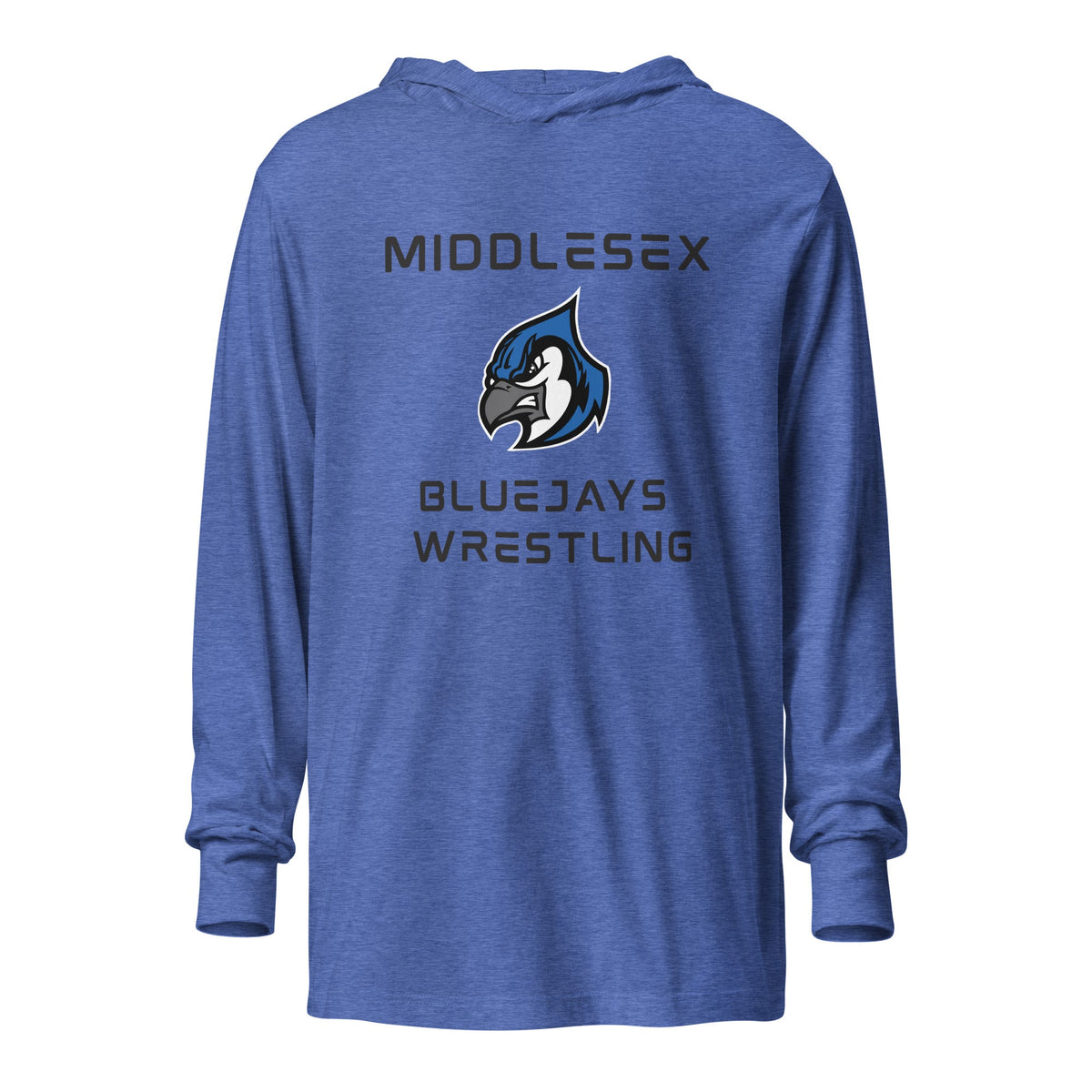 Performance | Hooded Long Sleeve T Shirt | Middlesex Bluejays Wrestling | Bluejays Logo