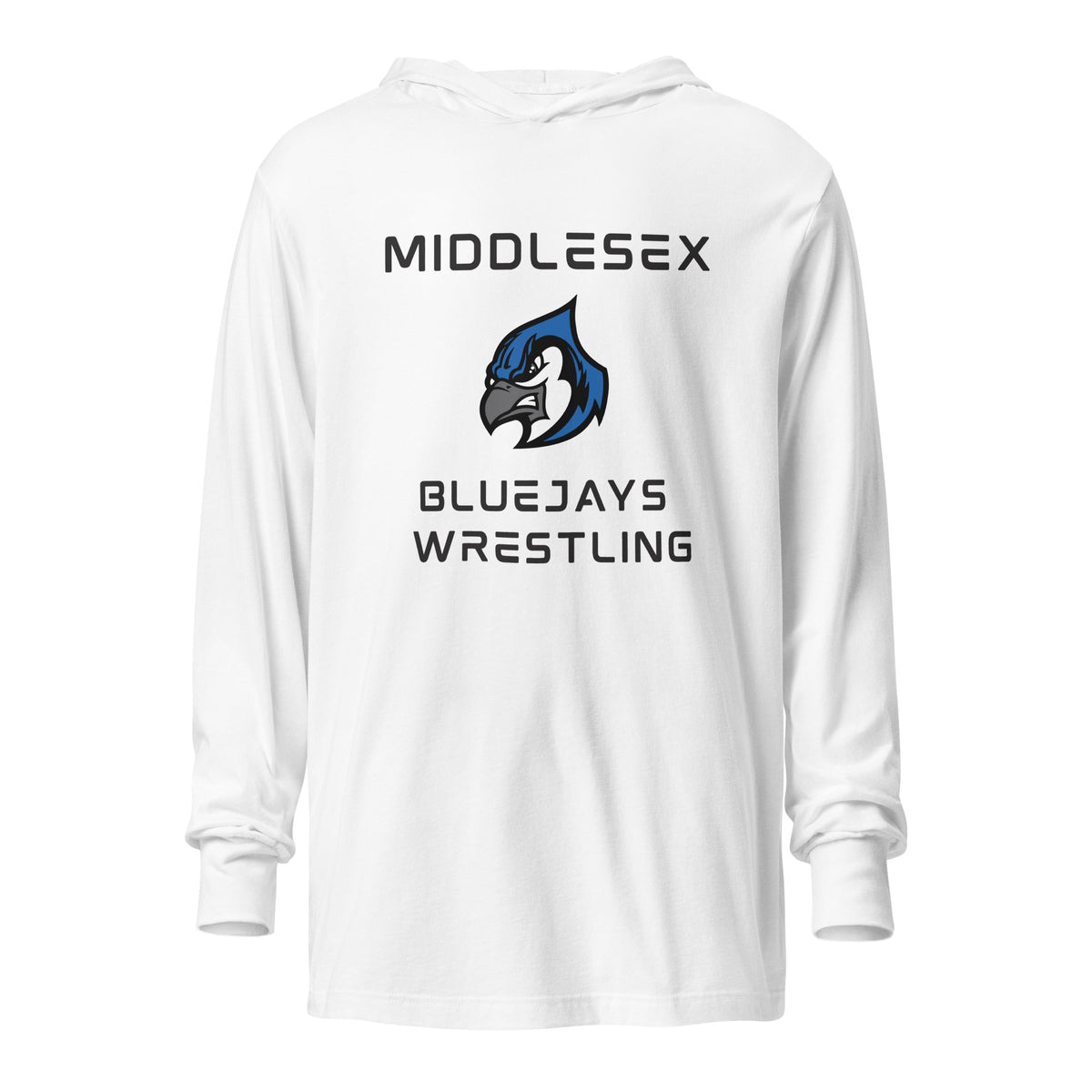 Performance | Hooded Long Sleeve T Shirt | Middlesex Bluejays Wrestling | Bluejays Logo