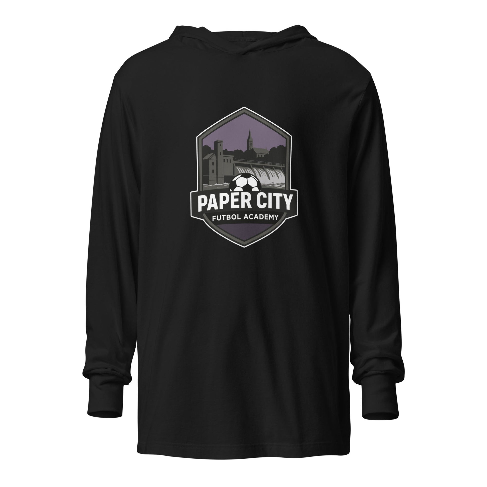 Performance | Hooded Long Sleeve T Shirt | Paper City Futbol Academy | Vanguard Shield Logo