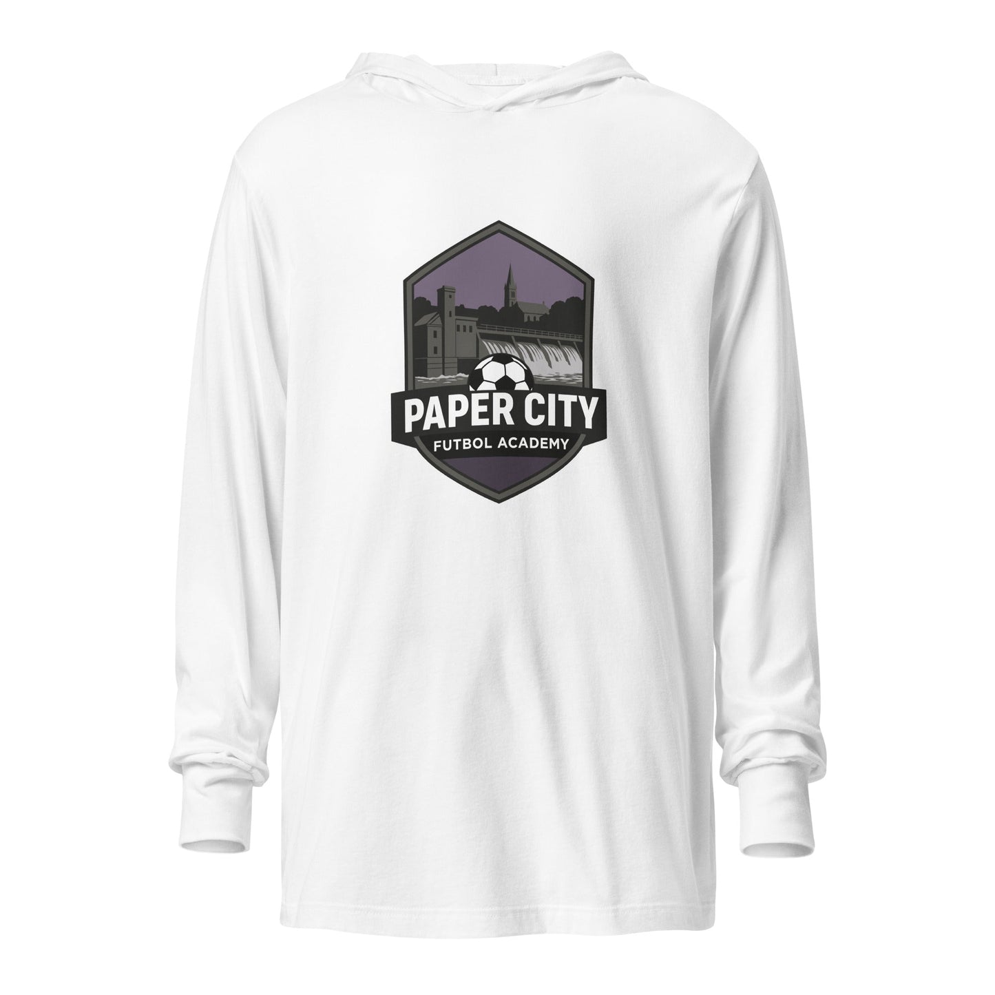Performance | Hooded Long Sleeve T Shirt | Paper City Futbol Academy | Vanguard Shield Logo