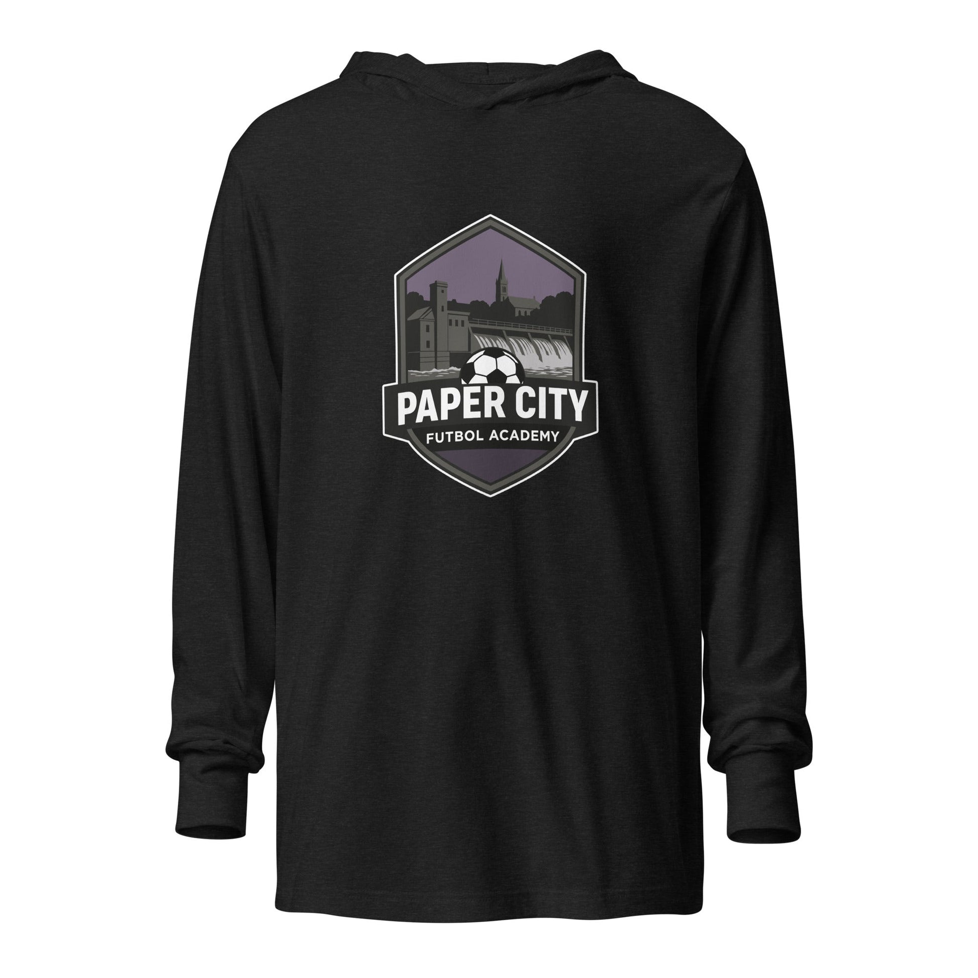 Performance | Hooded Long Sleeve T Shirt | Paper City Futbol Academy | Vanguard Shield Logo