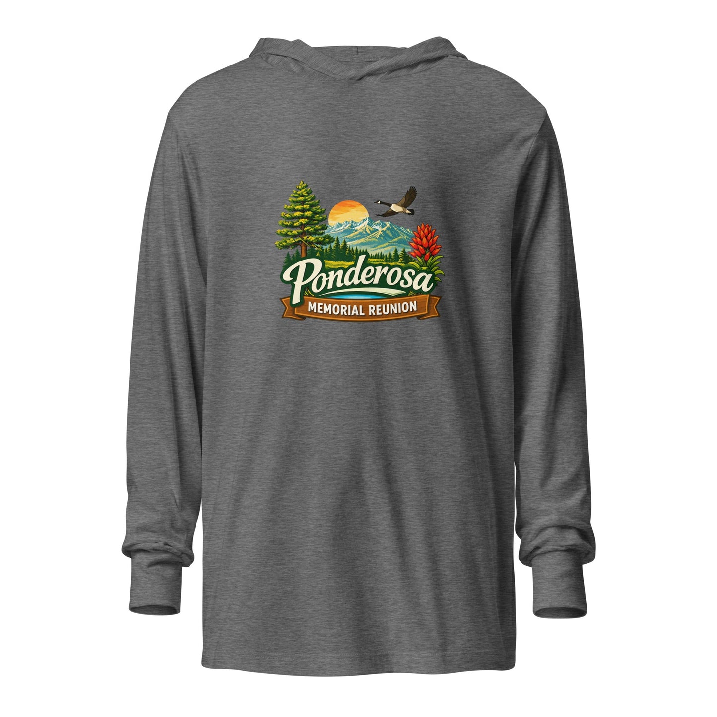 Performance | Hooded Long Sleeve T Shirt | Ponderosa Reunion | Painted Mountain Crest Logo