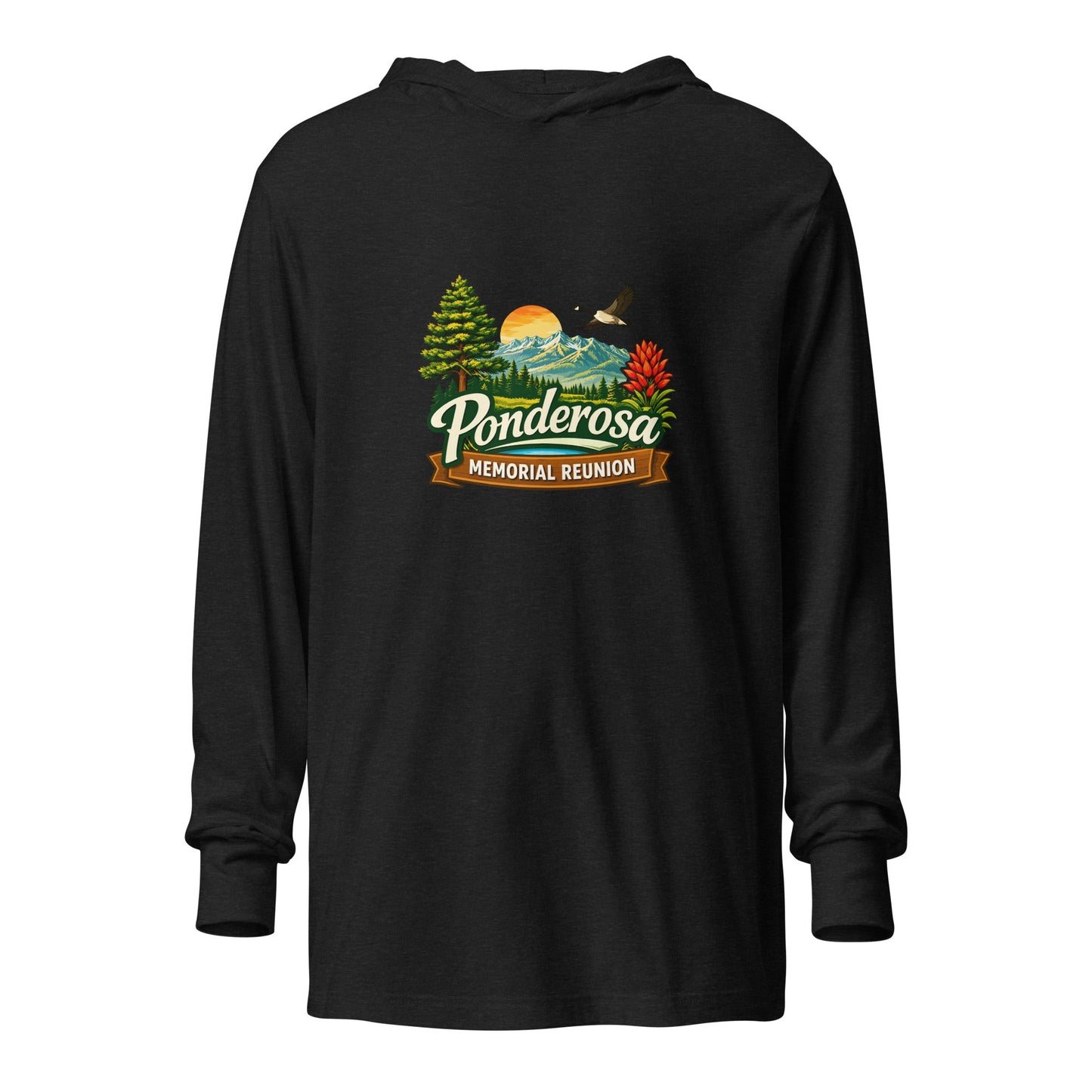 Performance | Hooded Long Sleeve T Shirt | Ponderosa Reunion | Painted Mountain Crest Logo