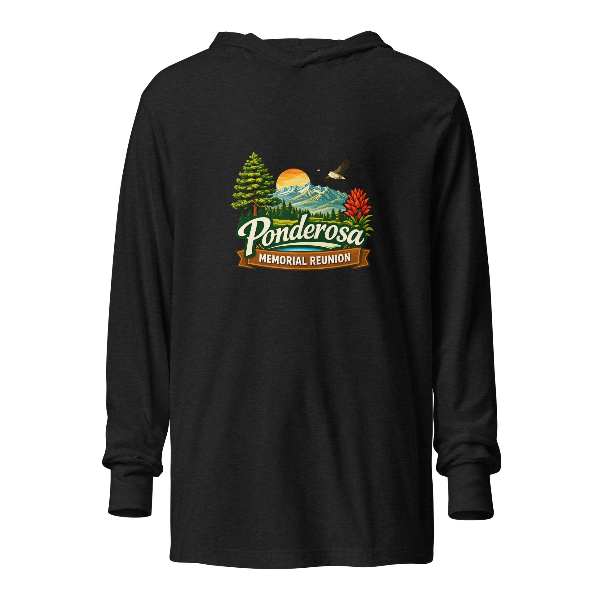Performance | Hooded Long Sleeve T Shirt | Ponderosa Reunion | Painted Mountain Crest Logo