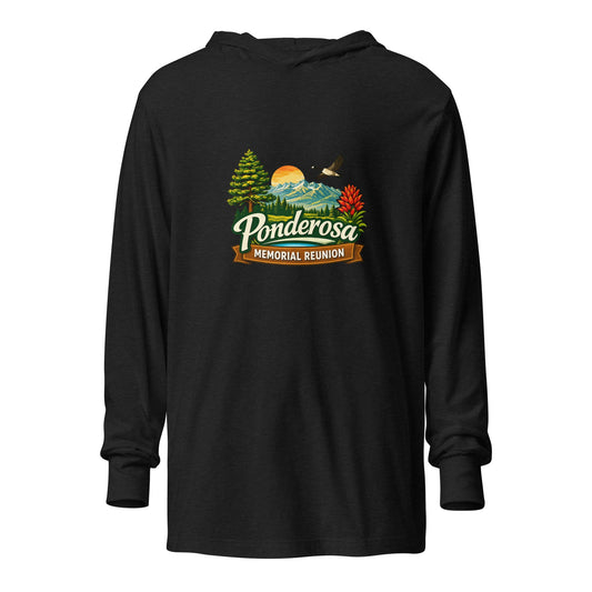 Performance | Hooded Long Sleeve T Shirt | Ponderosa Reunion | Painted Mountain Crest Logo