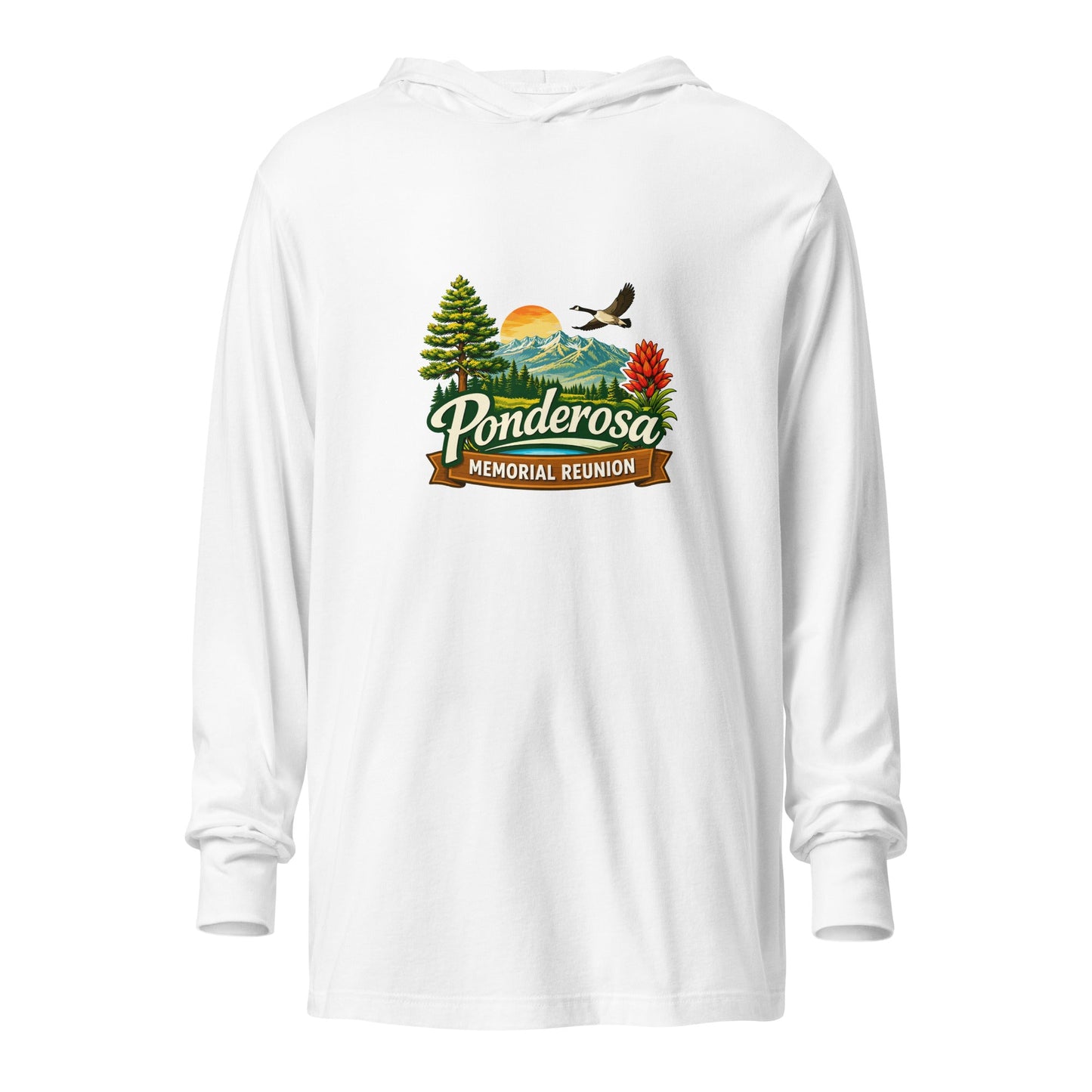 Performance | Hooded Long Sleeve T Shirt | Ponderosa Reunion | Painted Mountain Crest Logo